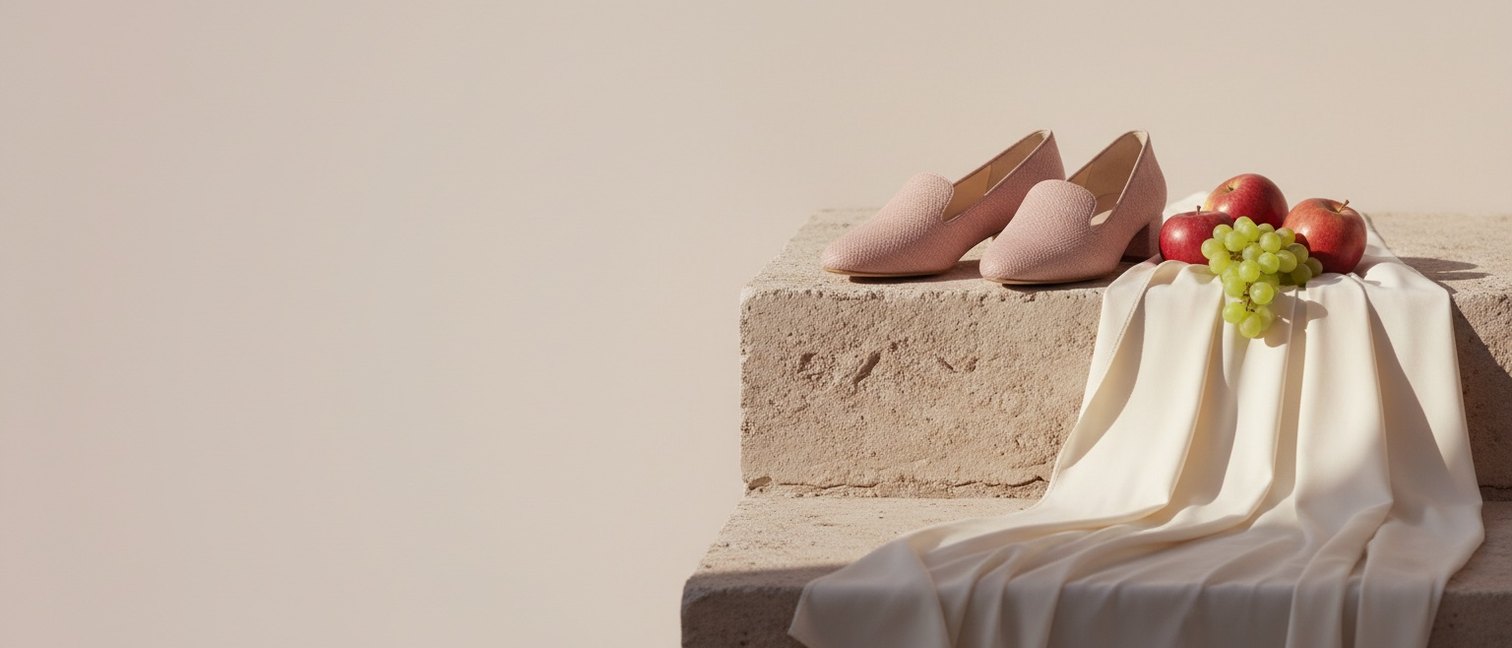 Chaussures véganes en fibres végétales posées près de pommes et de raisins