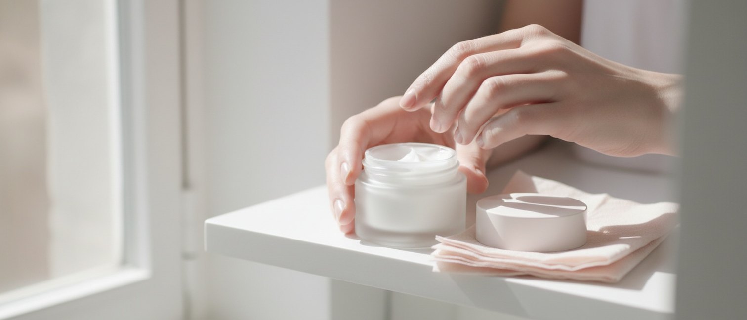 Pot de crème visage et mouchoir en papier sur une étagère de salle de bain