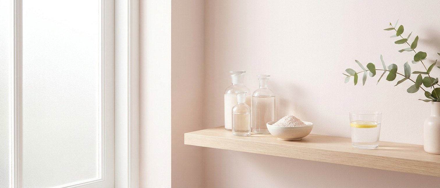 Étagère de salle de bain avec flacons, bol de poudre et verre d'eau dans une lumière douce
