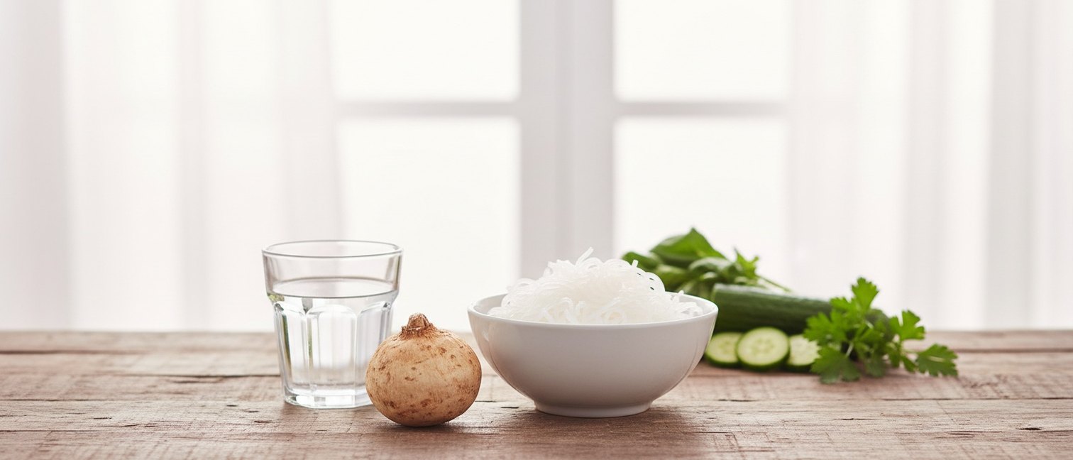 Konjac, shirataki et verre d'eau sur une table en bois